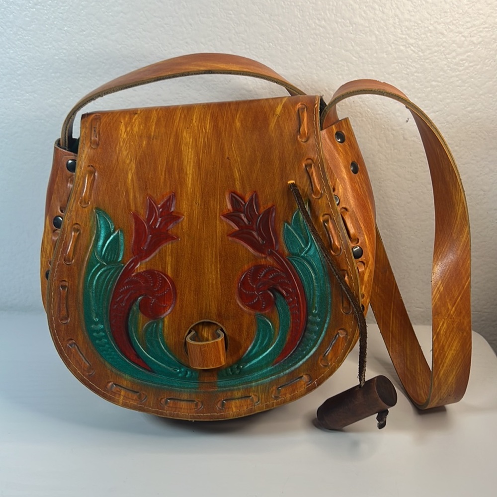 Vintage Faux Tooled Leather Purse With Flowers Hippie Boho Festival - Picture 5 of 17